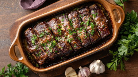 A beautifully presented meatloaf in a ceramic dish, garnished with fresh herbs and surrounded by garlic. Perfect for family dinners and gatherings.の素材