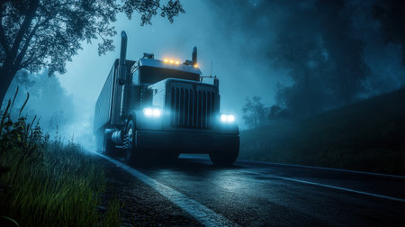 A striking image of a truck navigating a dark, foggy road at night, with eerie blue light illuminating its path. Captures a sense of adventure and solitude.の素材
