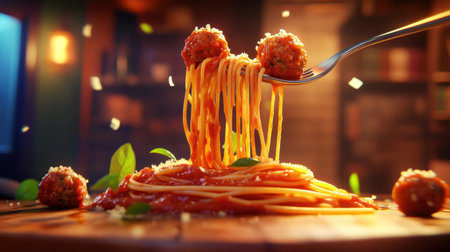 A tempting plate of spaghetti topped with delicious meatballs and fresh basil, showcasing vibrant colors and inviting textures. Perfect for food lovers.の素材