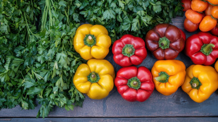 A visually appealing arrangement of fresh bell peppers and parsley on a rustic wooden table, showcasing vibrant colors perfect for healthy meal preparation and food photography.の素材