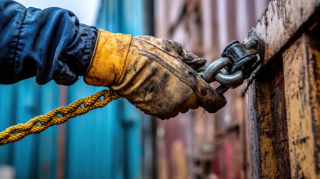 A professional gloved hand ensuring proper tension on a cargo ratchet strap with industrial backdrop.の素材