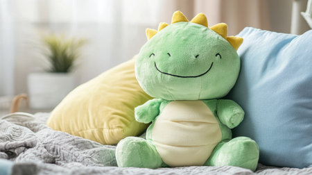 Cute green plush dinosaur toy with a big smile, leaning against a pillow in a cozy settingの素材