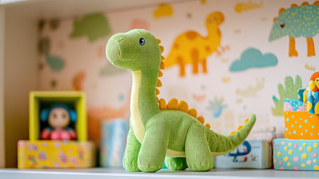 A playful green dinosaur stuffed toy, standing out in a colorful toy collection on a nursery shelfの素材