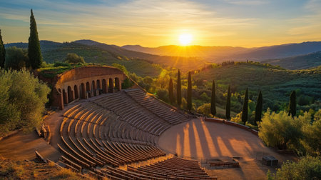 An amphitheater in the open air, surrounded by greenery and lit beautifully by the warm colors of sunset. -の素材