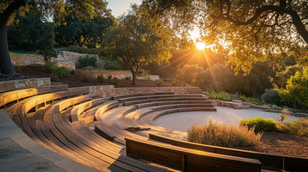 Wooden seating in an outdoor amphitheater, illuminated by warm sunset rays, with trees in the background.の素材