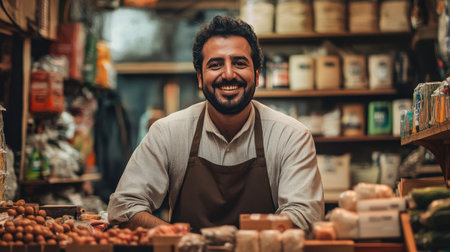 A happy man wearing an apron stands at his market stall, showcasing a variety of goods. The welcoming atmosphere highlights fresh ingredients and local products.の素材