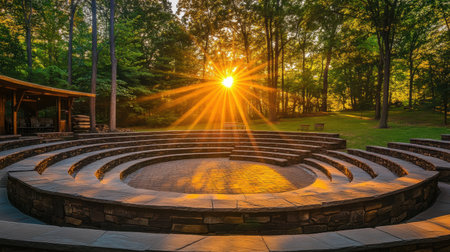 A serene outdoor amphitheater glowing in golden sunset light, surrounded by trees and nature's beauty.の素材