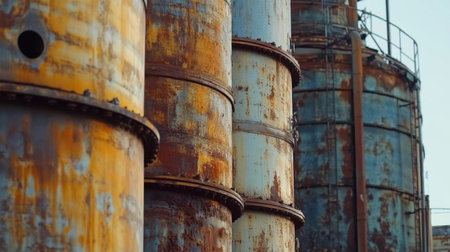 Close-up view of rusty industrial storage tanks featuring weathered metal surfaces. The photograph captures the essence of decay in an industrial environment.の素材