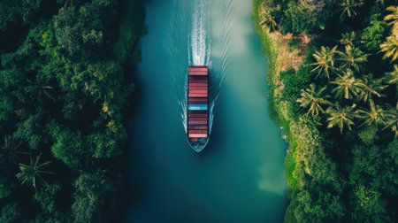 This aerial view captures a cargo ship gliding through a serene waterway surrounded by lush greenery. Ideal for illustrating transportation and nature themes.の素材