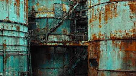 A close-up view of large industrial tanks showcasing weathered surfaces, rust patterns, and peeling paint. This image captures the essence of decay in an urban setting.の素材