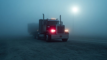 A large truck navigates through a thick fog on a quiet night, showcasing the isolation and mystery of the scene. Headlights pierce the darkness, creating an eerie ambiance.の素材