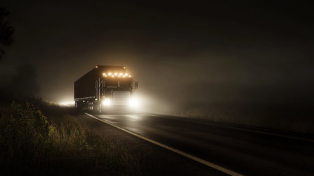 A heavy truck navigates a dark, foggy road at night, casting bright headlights through the mist. The scene captures the essence of nighttime transportation adventures.の素材