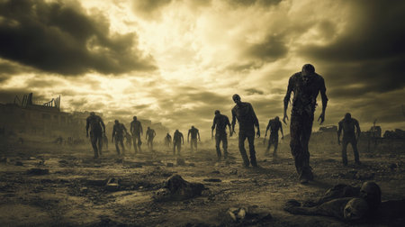 A haunting depiction of a post-apocalyptic world filled with zombies wandering through a desolate landscape, shrouded in darkness and mystery.の素材