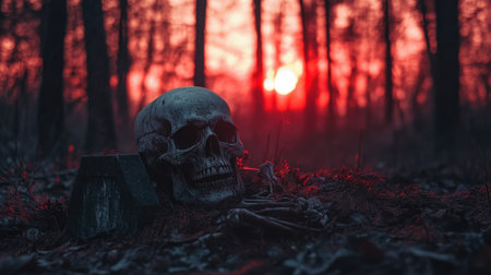 An eerie skull rests on the forest floor as the sun sets, casting an ominous glow. Shadows stretch across the ground, creating a haunting and tranquil atmosphere.の素材