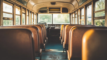A nostalgic view of an empty vintage school bus interior showcasing brown leather seats and a driver seat, evoking memories of childhood journeys and adventure.の素材