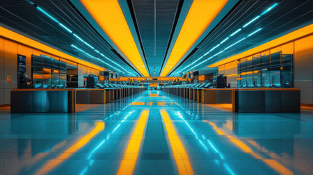 A captivating view of a futuristic airport interior featuring bright neon lights. The spacious area highlights reflections on polished surfaces, creating a striking ambiance perfect for travel enthusiasts.の素材