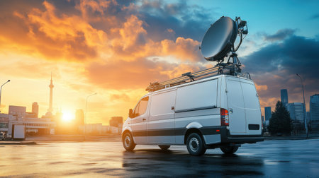 A white satellite van with a large dish is parked against a striking sunset skyline. The scene captures urban life and communication technology in action.の素材