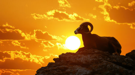 A majestic ram sits on a rocky ledge, silhouetted against a vibrant sunset sky. The golden light reflects off fluffy clouds, creating a serene scene.の素材