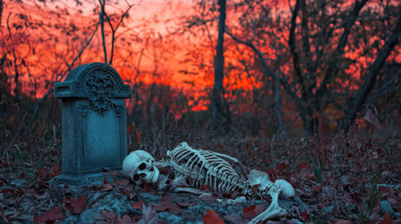 A haunting image of a skeleton resting near a grave under a fiery sunset. The scene captures the eerie tranquility of nature, blending macabre and beauty.の素材