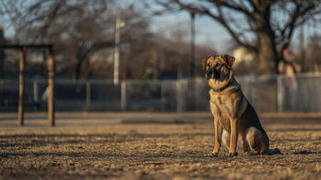 A calm dog sitting alone on grass captures the essence of tranquility in nature. The warm light enhances the serene atmosphere in this peaceful outdoor setting.の素材