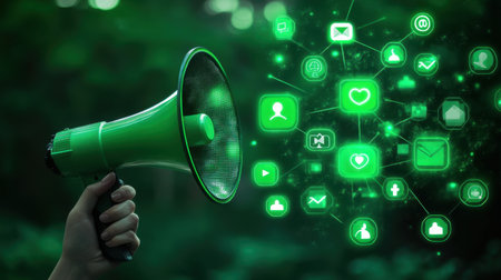 A vibrant green megaphone conveys the power of communication, surrounded by glowing social media icons, symbolizing digital engagement and broadcasting messages in a modern context.の素材