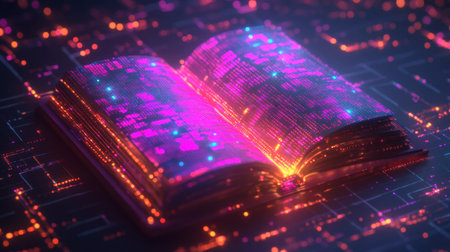 An open book glows with vibrant digital particles against a futuristic backdrop, symbolizing the fusion of knowledge and technology in a captivating visual experience.の素材
