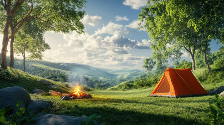 A picturesque camping scene featuring an orange tent beside a glowing campfire. Lush green trees and rolling hills create a tranquil outdoor atmosphere, perfect for adventure seekers.の素材