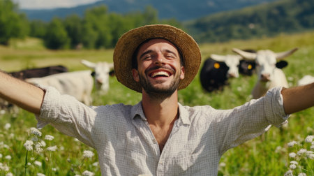 A joyful farmer smiles broadly with arms outstretched in a lush green field filled with blooming flowers and grazing cows under a bright blue sky.の素材