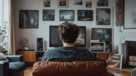 A person enjoys a peaceful moment in a cozy living room, surrounded by wall art and a television. The atmosphere invites relaxation and comfort.の素材