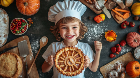 A joyful child proudly holds a freshly baked pie in a cozy kitchen, surrounded by autumn harvest decor, conveying delight and creativity in baking.の素材