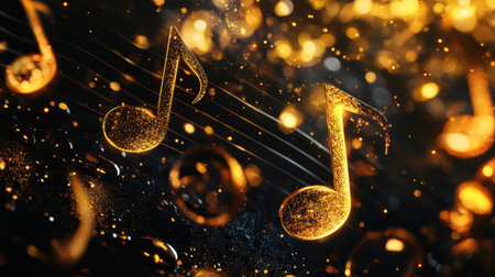 This striking image features golden musical notes surrounded by sparkling particles, creating a mesmerizing effect. Perfect for themes of music, celebration, and creativity.の素材