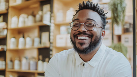 This captivating image features a smiling man with a beard wearing glasses, sitting in a stylish cafe The warm ambiance and modern decor reflect a cheerful lifestyle.の素材