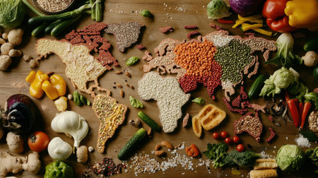 A stunning world map crafted from various grains and vibrant vegetables highlights the beauty of nature and healthy eating. Perfect for food-related projects.の素材