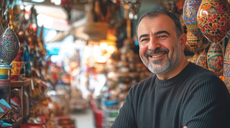 A smiling man stands proudly in an artisan market filled with colorful crafts and decorations, showcasing the vibrant and joyful culture of local craftsmanship.の素材