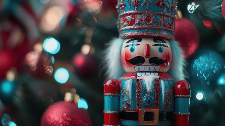 A vibrant nutcracker figure stands proudly amidst glimmering Christmas decorations, capturing the essence of festive joy and seasonal celebration.の素材
