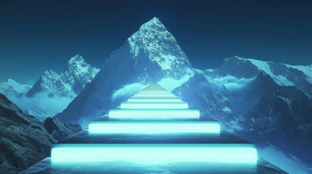 This stunning image features glowing steps ascending toward a magnificent snow-capped mountain peak, creating a surreal blend of nature and fantasy.の素材