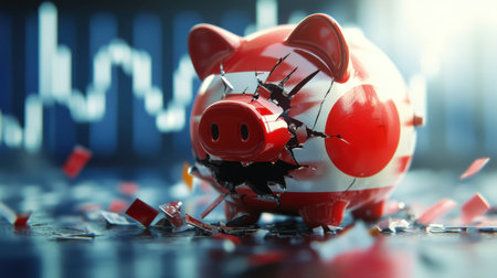 A broken piggy bank symbolizes financial loss and economic struggles, representing challenges in saving and managing finances in today's uncertain economy.の素材
