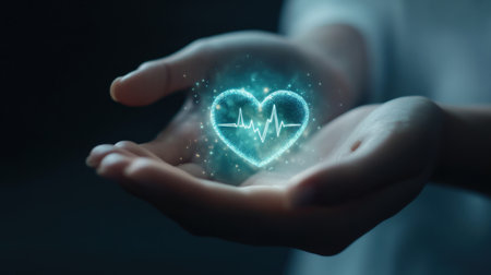 A captivating image of open hands cradling a glowing heart symbol with a pulse line, representing love and health in a modern and artistic way.の素材