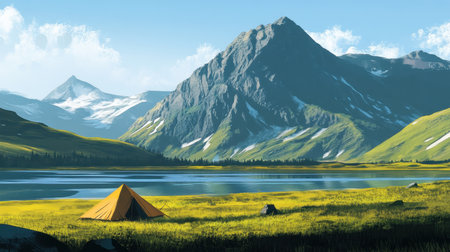 Explore a vibrant mountain landscape featuring a tent beside a tranquil lake. The scene showcases lush greenery, majestic mountains, and a clear blue sky. Perfect for camping enthusiasts and nature lovers.の素材