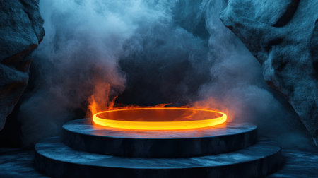 A mesmerizing glowing circular portal surrounded by swirling mist in a stone cave. This mystical scene evokes feelings of adventure and exploration, perfect for fantasy concepts.の素材