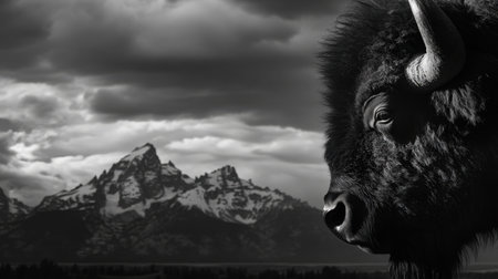 A striking portrait of a bison in silhouette against a dramatic mountain backdrop, showcasing the beauty and power of wildlife in a serene environment.の素材