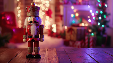 A classic nutcracker toy stands proudly in a warmly lit holiday setting, exuding festive cheer against a backdrop of colorful Christmas lights and decorations.の素材