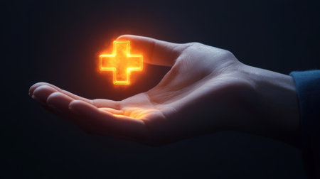 A hand holds a glowing medical symbol, representing health and care. The bright emblem shines against a dark backdrop, conveying hope and safety in medical services.の素材