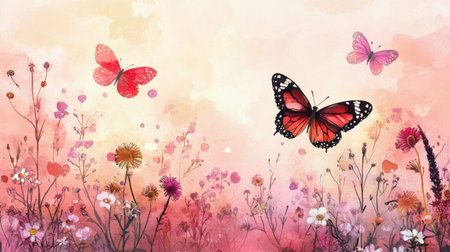 This artistic illustration features colorful butterflies flying among a vibrant collection of flowers in soft pastel shades. Ideal for nature-themed projects.の素材
