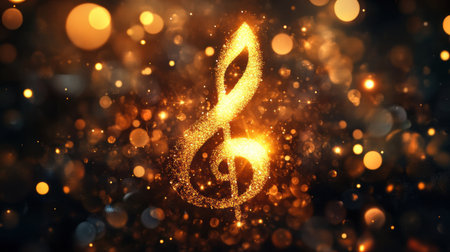 A vibrant image showcasing a musical note illuminated by sparkling glitter. The warm golden background adds to the festive and creative atmosphere, perfect for various artistic projects.の素材