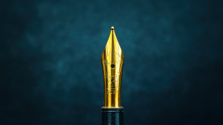 Close-up view of a luxurious golden fountain pen nib, showcasing intricate design details against a dark and textured background, ideal for creative projects.の素材