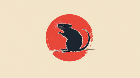 This artistic illustration features a silhouette of a mouse standing against a vibrant red circle, embodying a playful and minimalistic design suitable for various creative projects.の素材