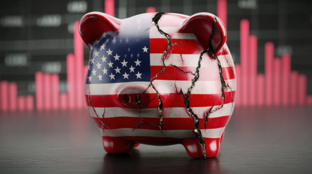A cracked piggy bank featuring the American flag symbolizes the fragility of the economy. This image reflects the challenges individuals face in saving and financial management.の素材