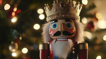 A colorful nutcracker figure with a golden crown captivates the festive spirit. Surrounded by twinkling Christmas lights, this joyful representation embodies holiday cheer and traditional artistry.の素材