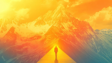 A solitary figure walks on a reflective path towards a breathtaking mountain landscape at sunset, evoking emotions of adventure, isolation, and serenity in nature.の素材